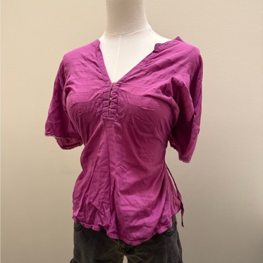 Free People Pink Ruched Blouse with Elbow-Length Sleeves